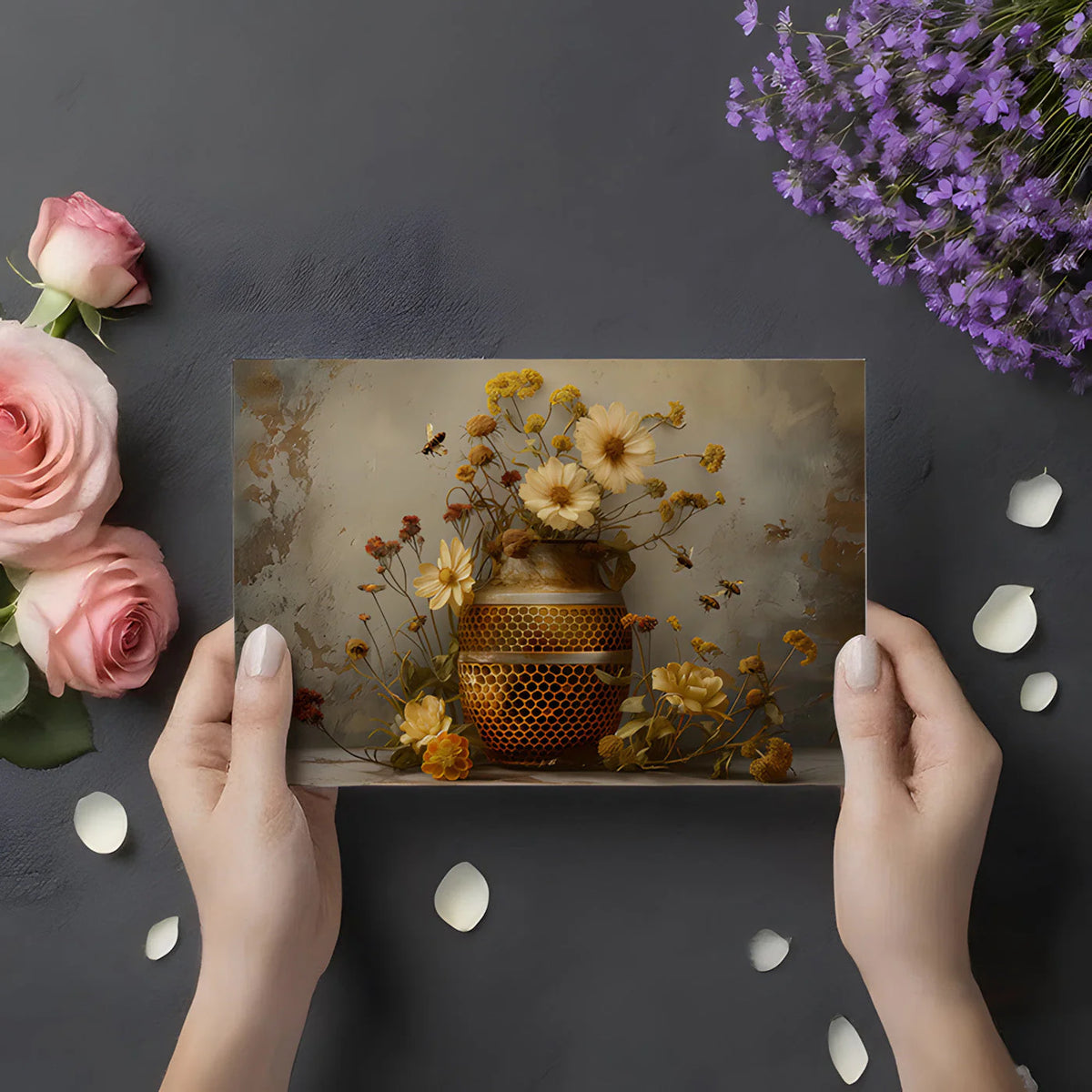 Honeybee and Wildflower Mural Wallpaper — Botanical Art Mural Wallpaper - room preview 02