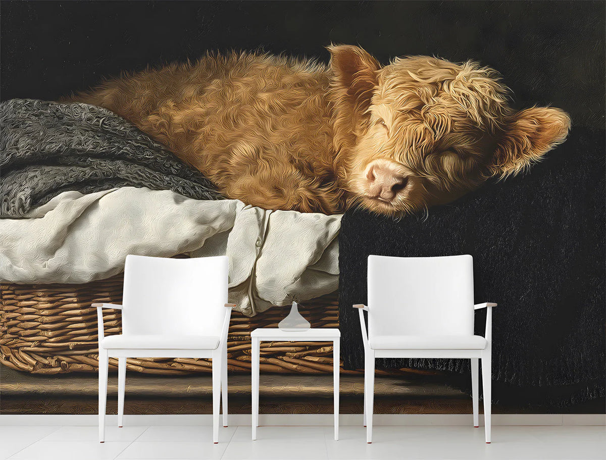 Sleeping Highland Calf Mural Wallpaper —Artistic Farmhouse Decor Mural Wallpaper - room preview 02