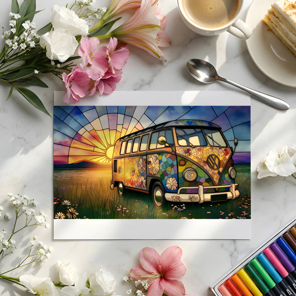 Stained Glass Vintage Van Mural Wallpaper — Whimsical Travel Scene Mural Wallpaper - room preview 02