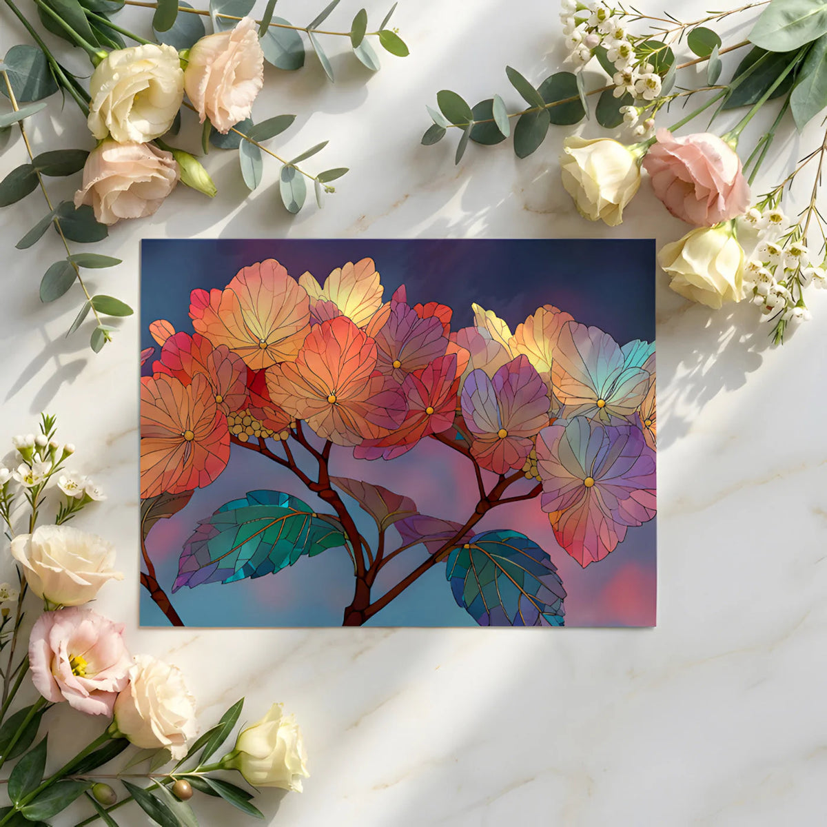 Stained Glass Hydrangea Mural Wallpaper — Vibrant Floral Art Mural Wallpaper - room preview 02