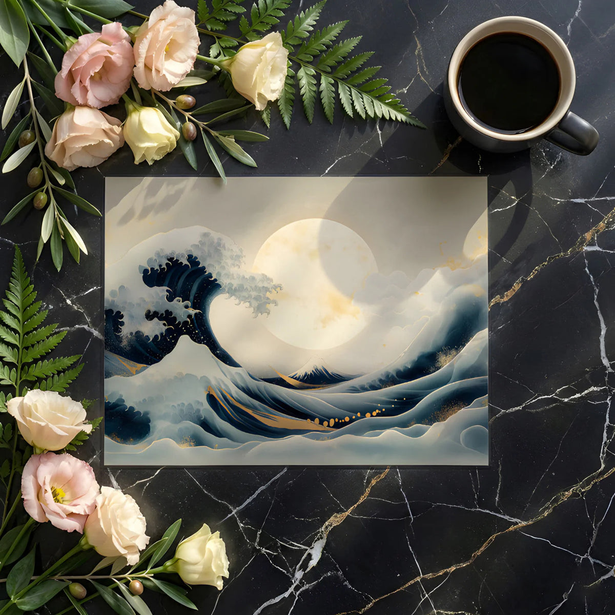 Great Wave Lunar Mural Wallpaper in Navy and Soft Gold Mural Wallpaper - room preview 02