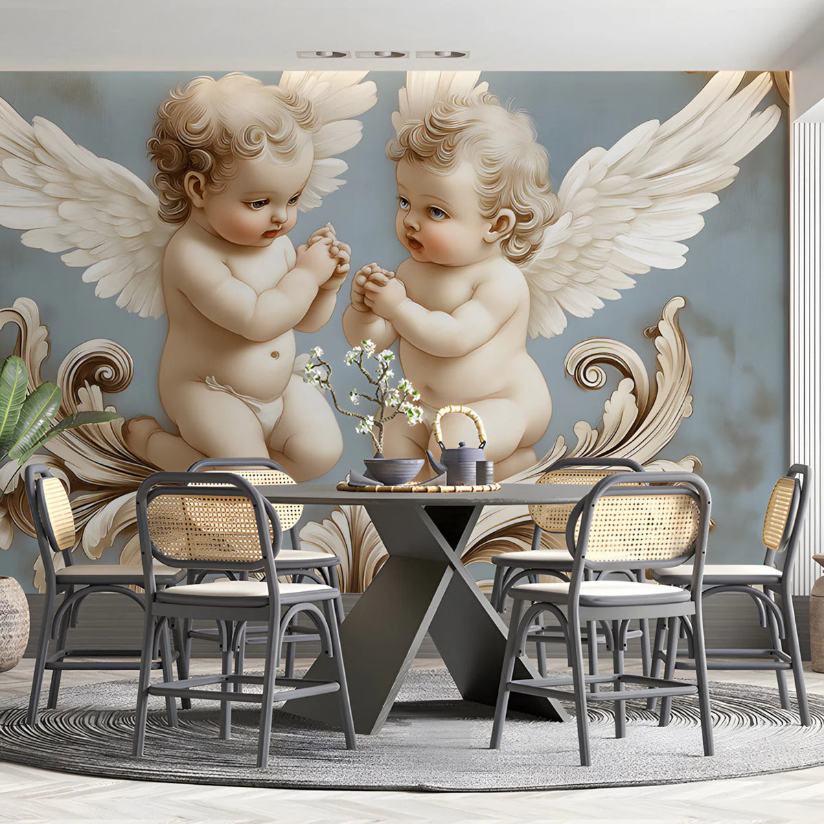Baroque Cherubs Mural Wallpaper — Elegant Blue and Gold Wall Mural Mural Wallpaper - room preview 02