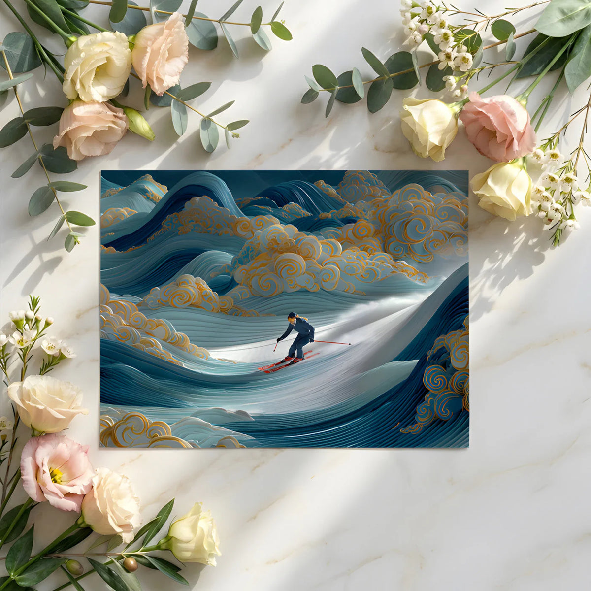 Alpine Wave Mural Wallpaper with Stylized Gold Clouds Mural Wallpaper - room preview 02