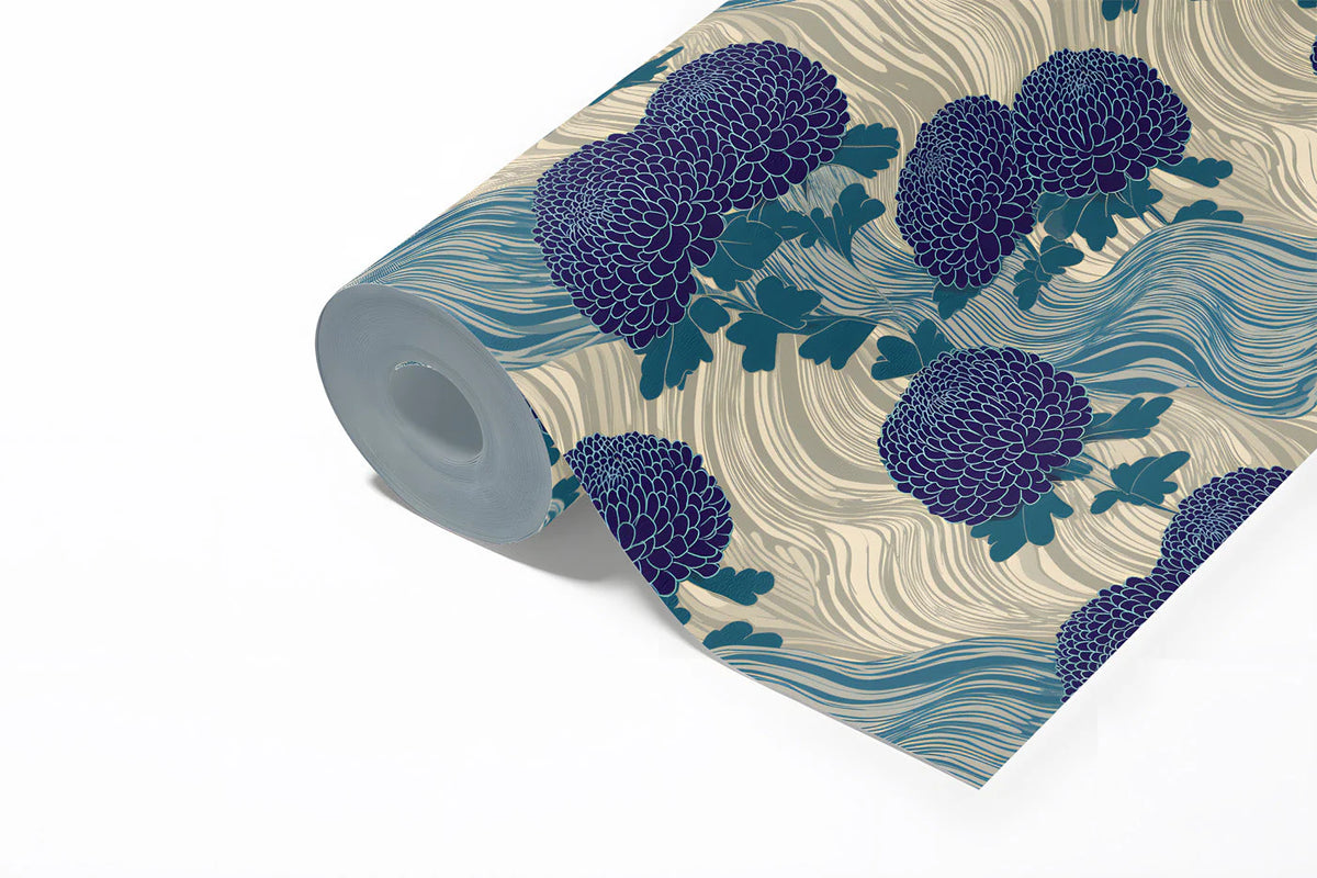 Chrysanthemum Bloom Mural Wallpaper — Stylized Botanical Mural Wallpaper - room preview 02