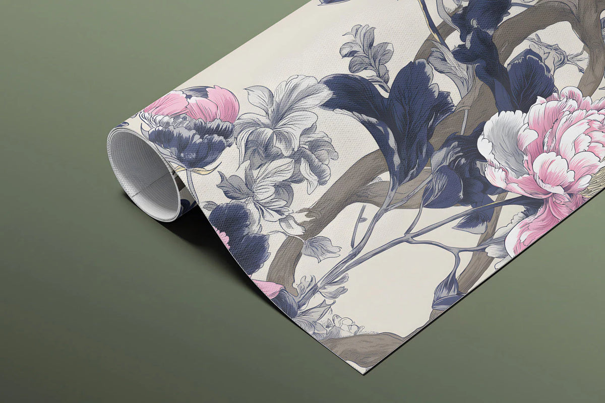 Chinoiserie Peony Floral Mural Wallpaper in Pink and Navy Mural Wallpaper - room preview 02