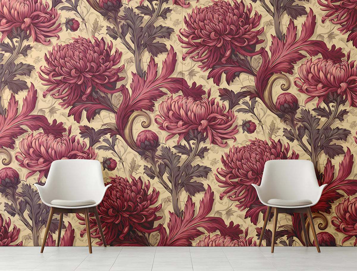 Vintage Chrysanthemum Floral Mural Wallpaper in Deep Raspberry Mural Wallpaper - room preview 02
