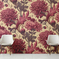 Vintage Chrysanthemum Floral Mural Wallpaper in Deep Raspberry Mural Wallpaper - room preview 02