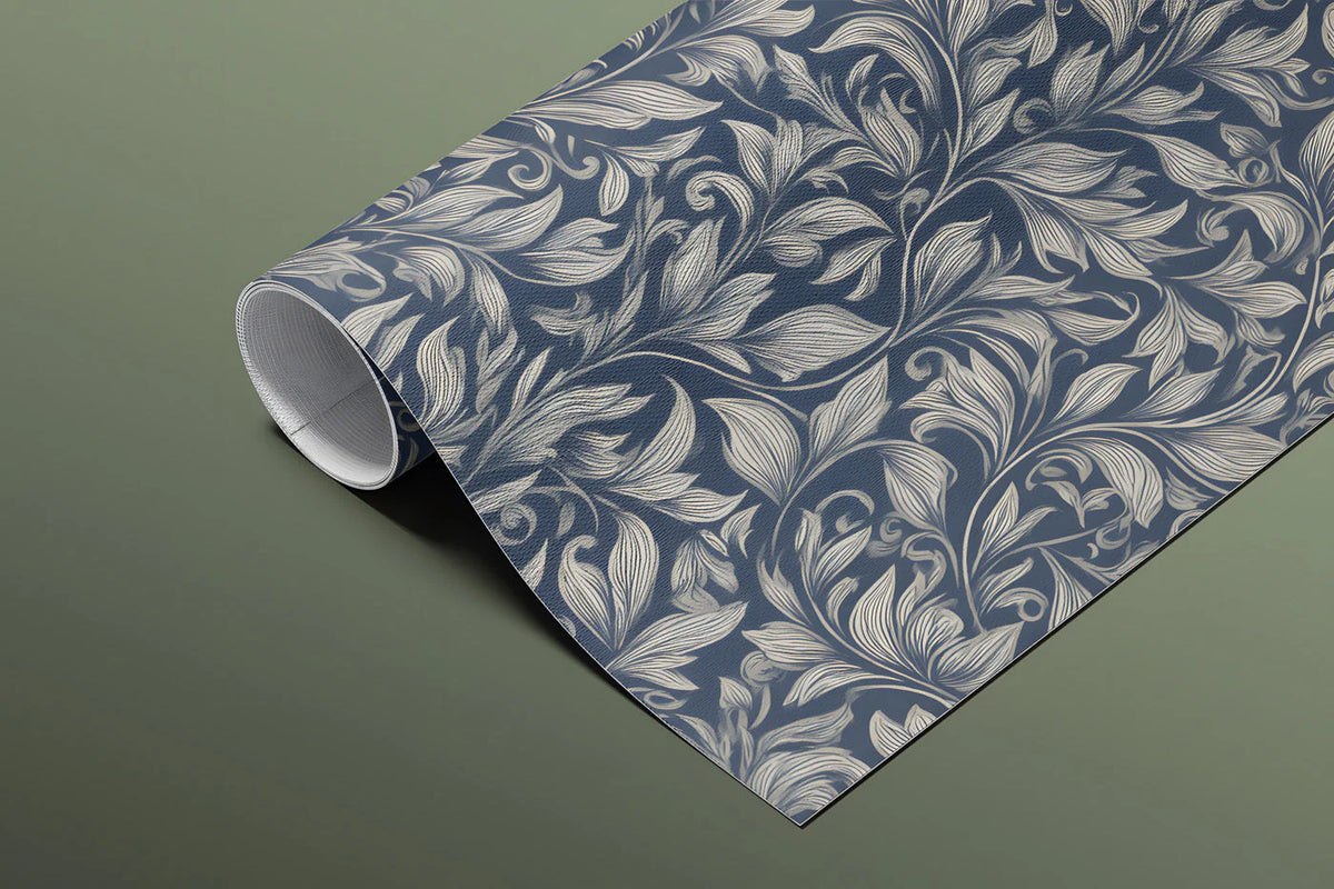 Midnight Heirloom Scroll Mural Wallpaper — Vintage Navy Floral Mural Wallpaper - room preview 02