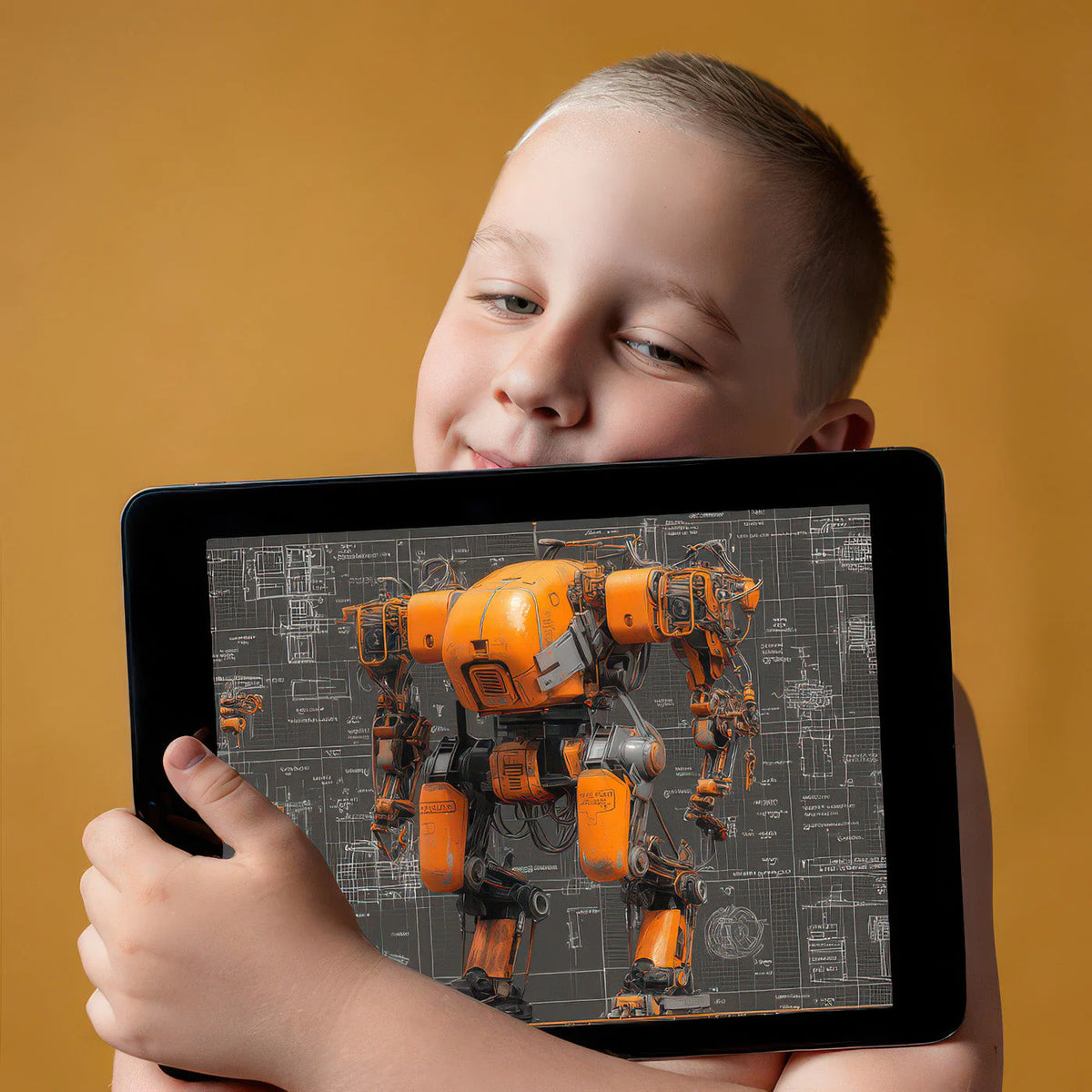 Industrial Mech Blueprint Mural Wallpaper — Bold Orange Design Mural Wallpaper - room preview 02
