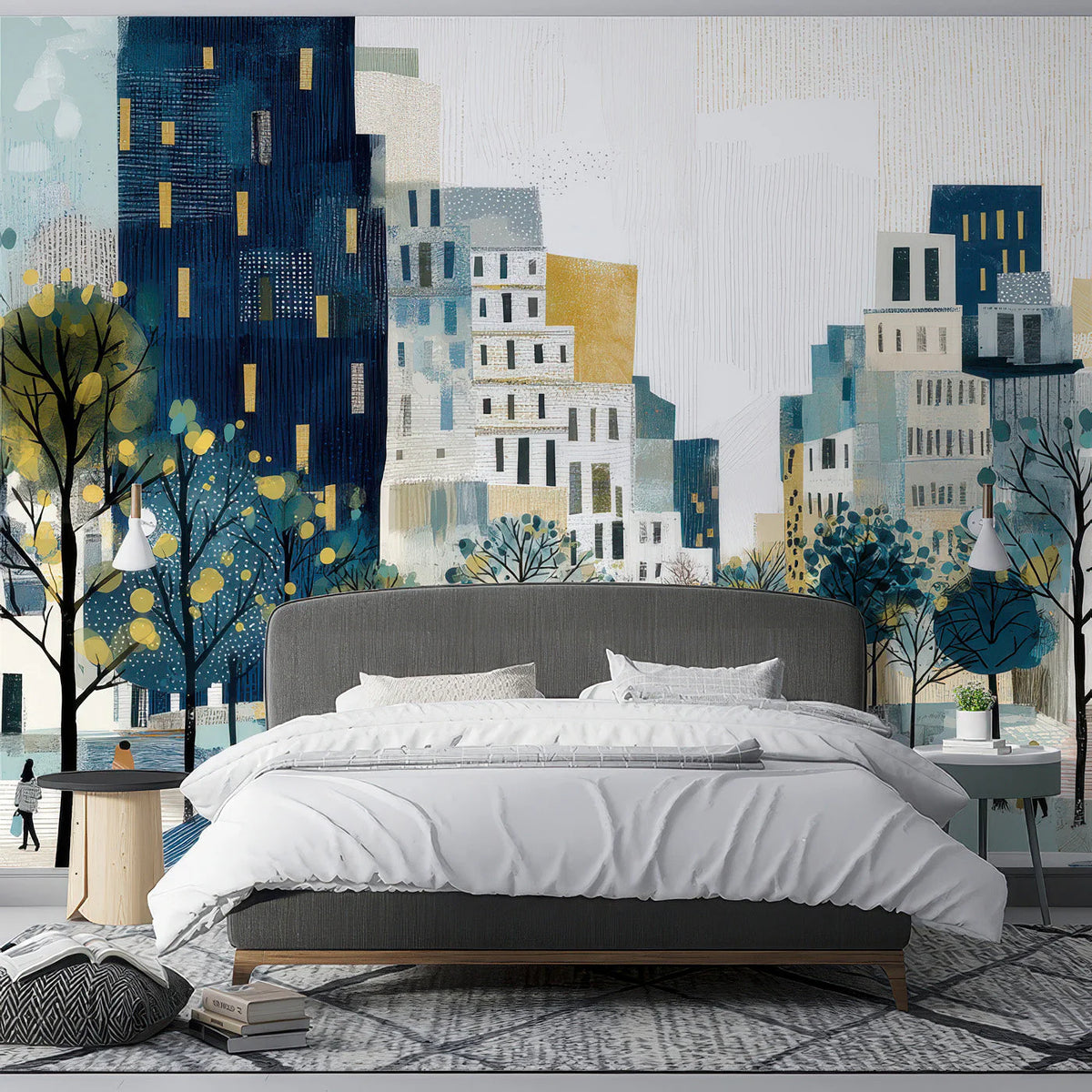 Urban Landscape Mural Wallpaper — Painterly City Scene Mural Wallpaper - room preview 02