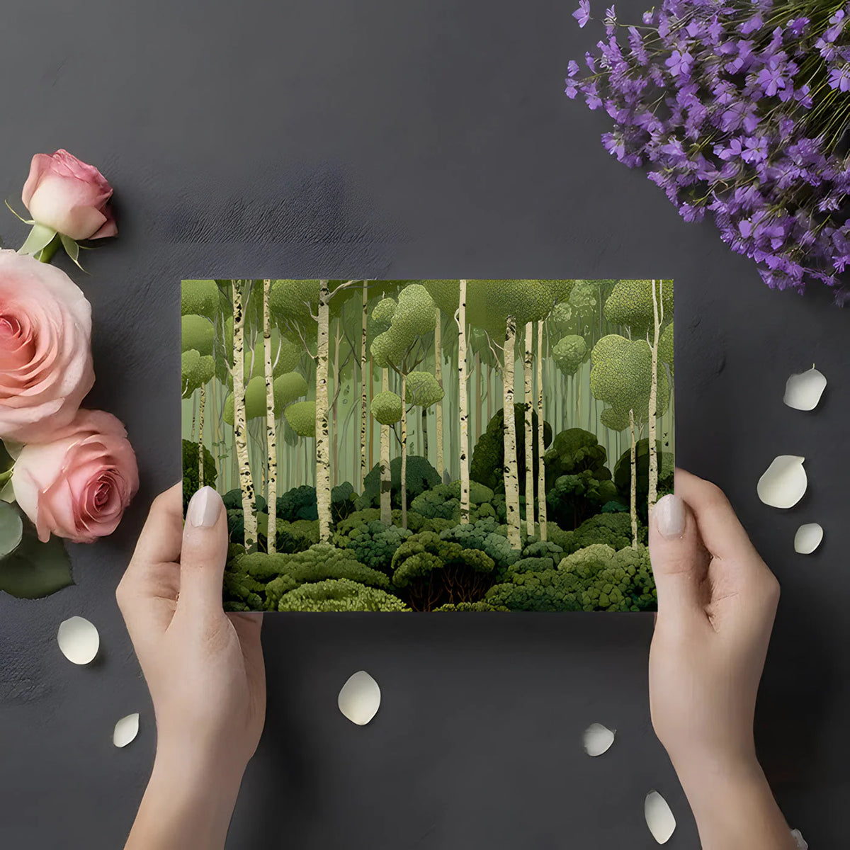 Birch Forest Mural Wallpaper — Illustrative Nature Scene Mural Wallpaper - room preview 02