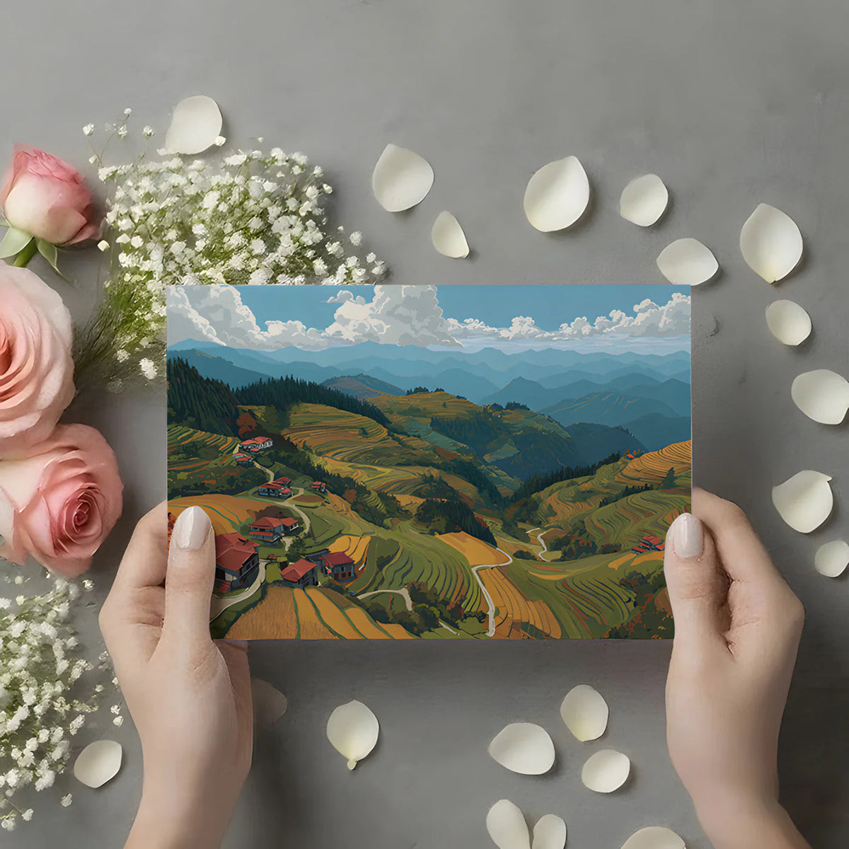 Terraced Rice Field Landscape Mural Wallpaper — Scenic Horizon Mural Wallpaper - room preview 02