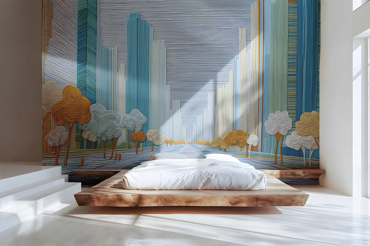 Modern Cityscape Mural Wallpaper with Textured Abstract Lines Mural Wallpaper - room preview 02