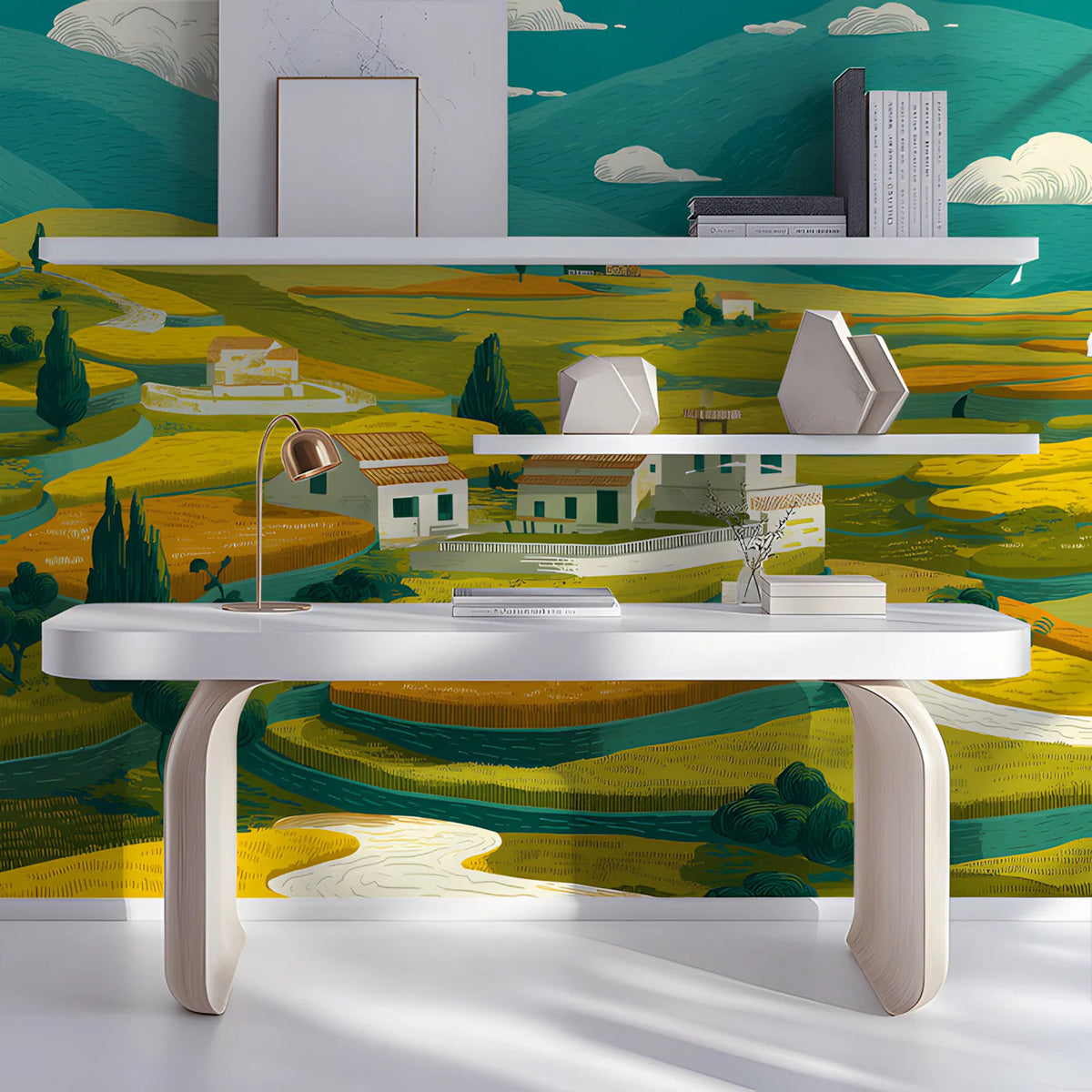 Mediterranean Terraced Valley Mural Wallpaper — Artistic Landscape Mural Wallpaper - room preview 02