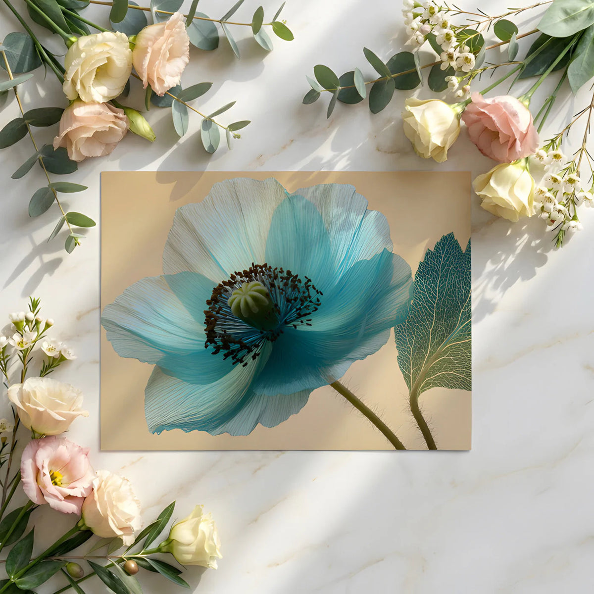 Cyan Poppy Botanical Mural Wallpaper — Soft Macro Floral Art Mural Wallpaper - room preview 02