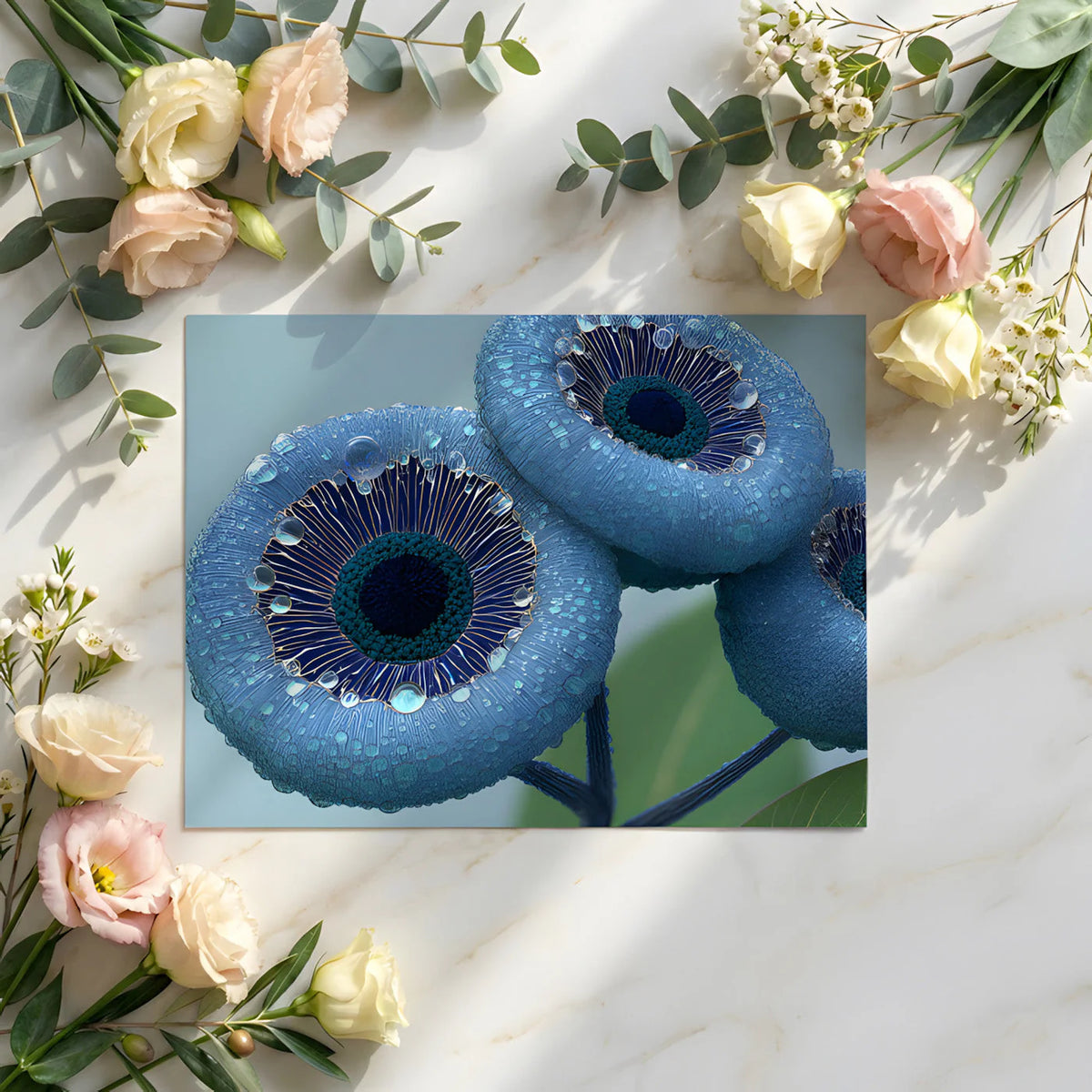 Dewy Botanical Macro Mural Wallpaper — Blue Floral Art Mural Wallpaper - room preview 02