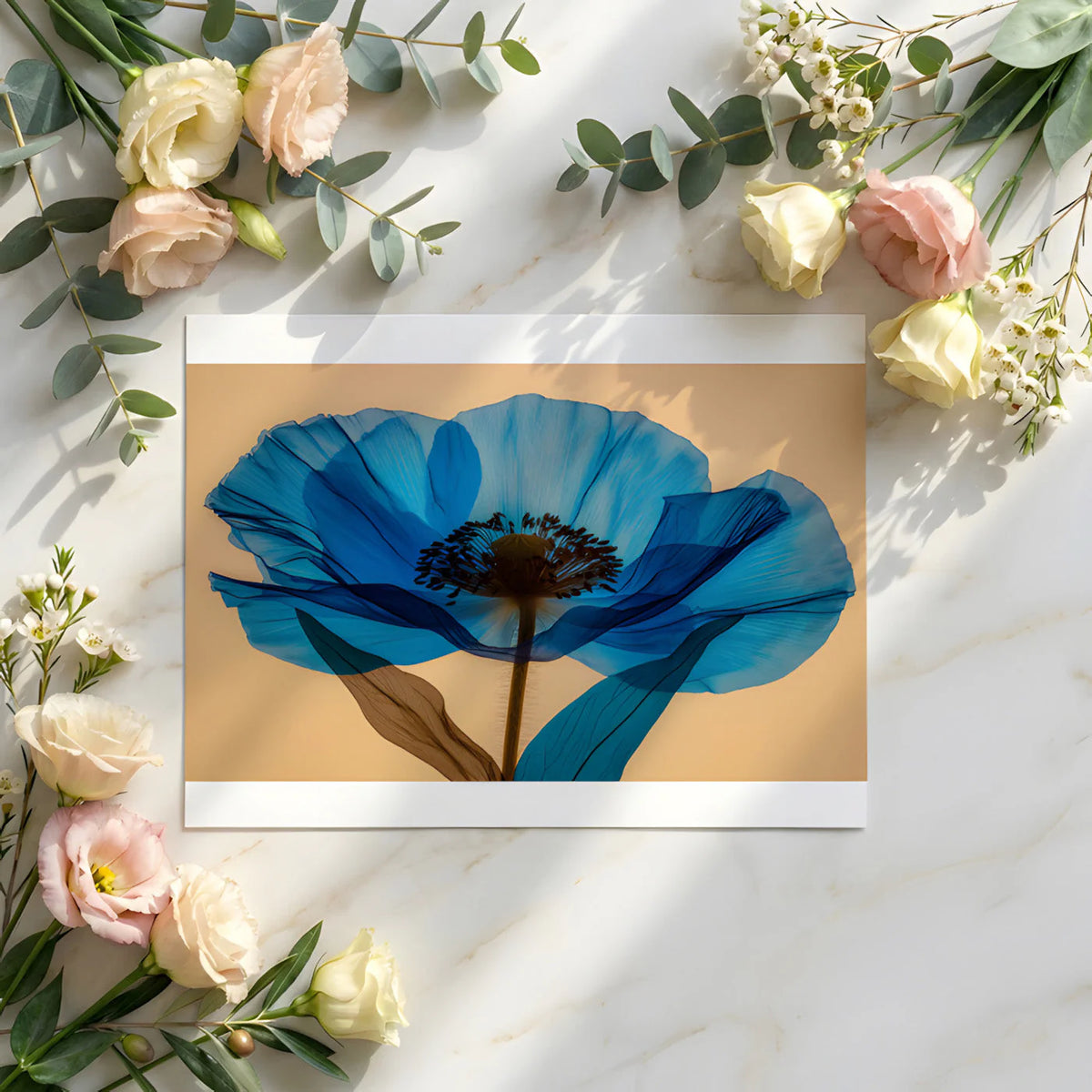 Ethereal Blue Poppy Macro Mural Wallpaper — Modern Botanical Art Mural Wallpaper - room preview 02