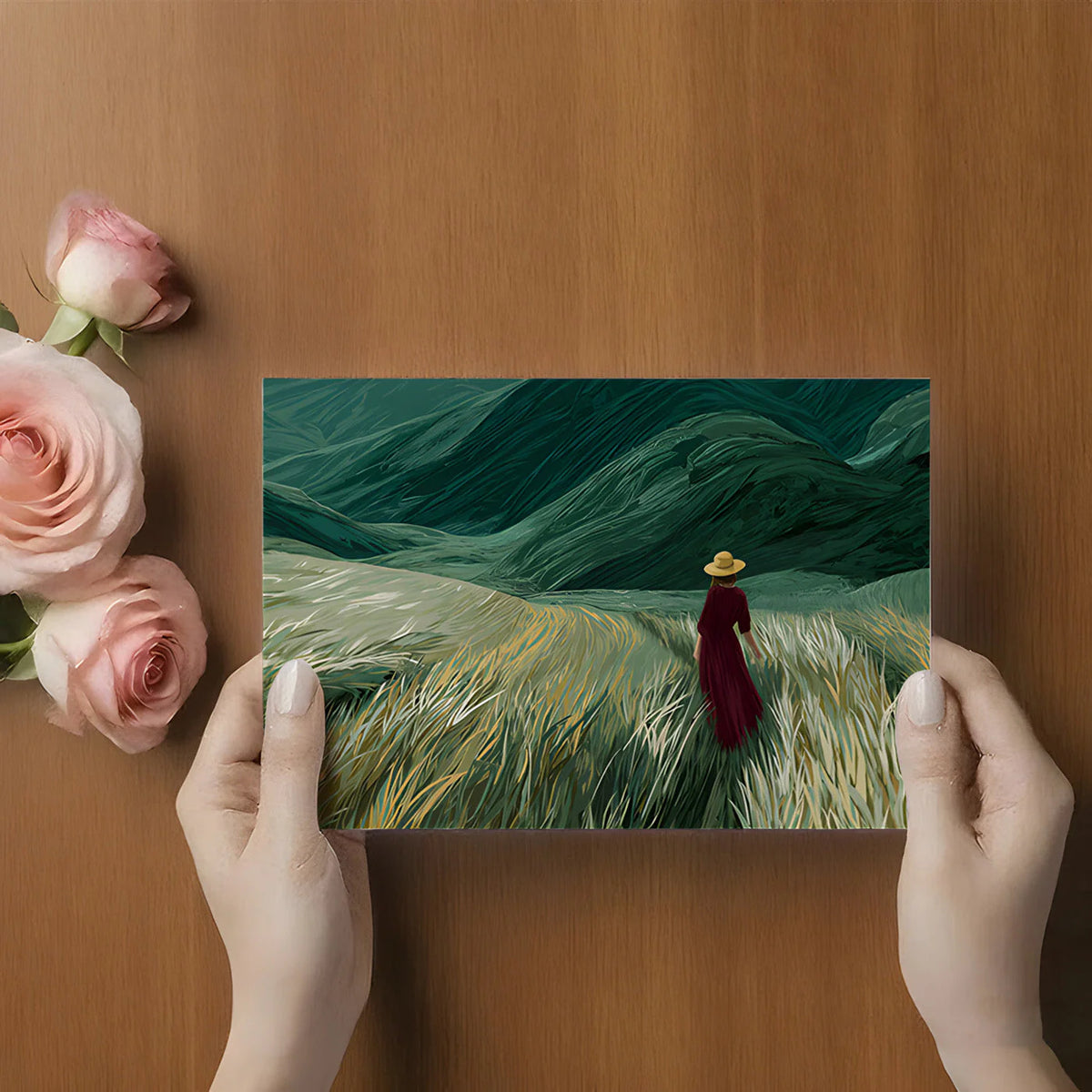 Woman in Field Mural Wallpaper —Painterly Landscape Design Mural Wallpaper - room preview 02