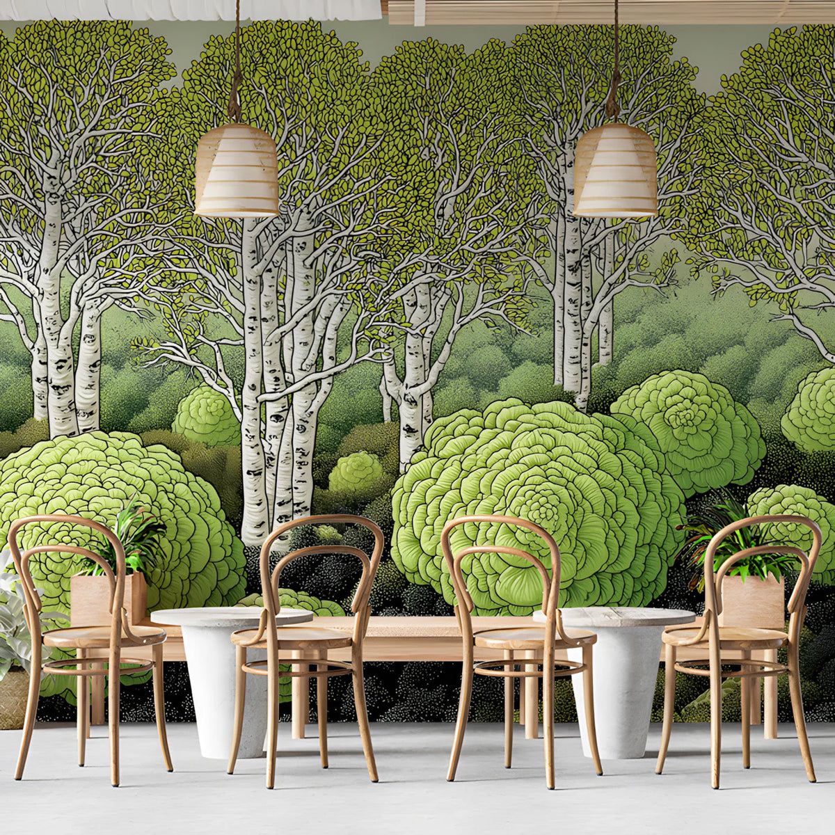 Stylized Birch Forest Mural Wallpaper in Chartreuse and Charcoal Mural Wallpaper - room preview 02