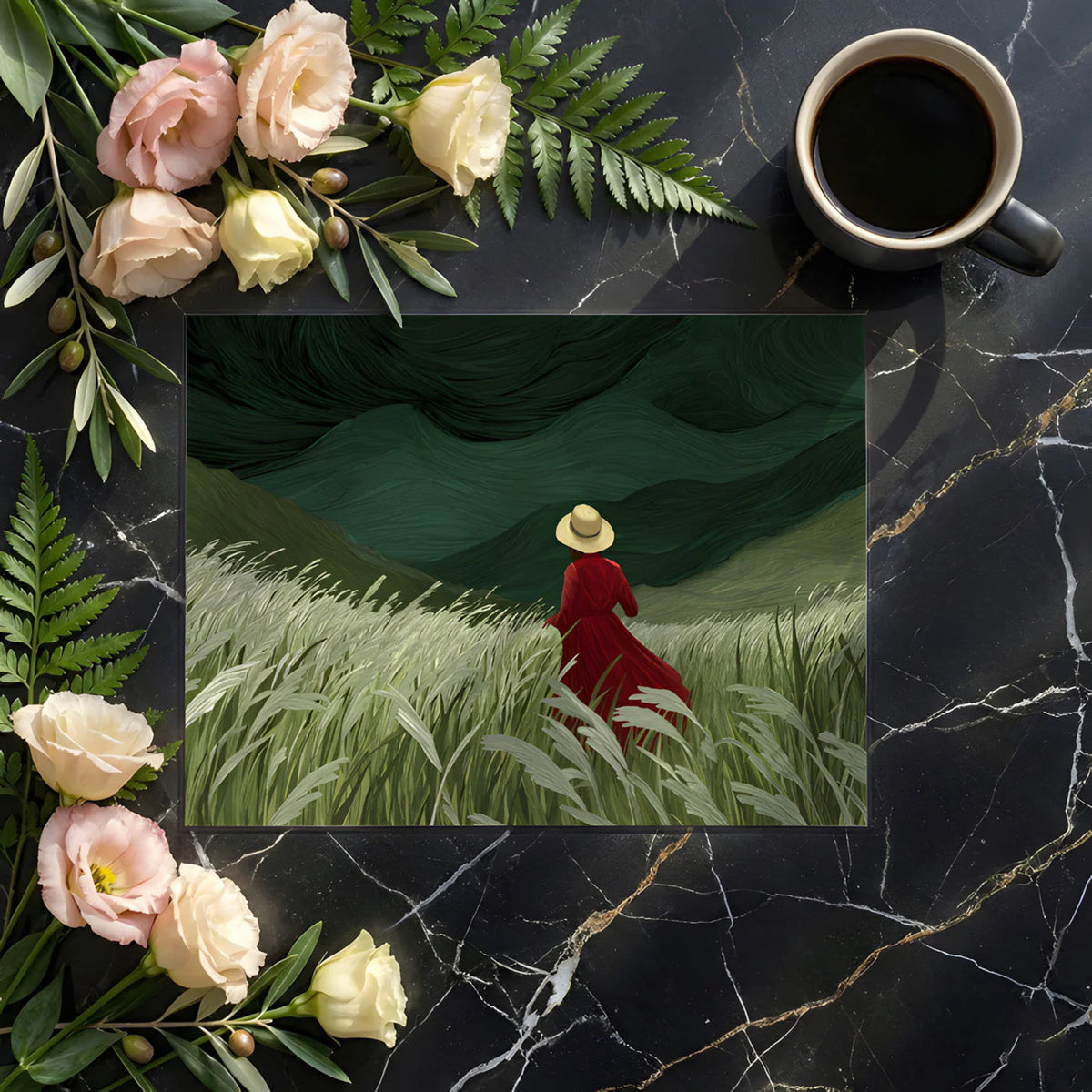 Woman in Red Field Mural Wallpaper — Moody Impressionistic Landscape Mural Wallpaper - room preview 02