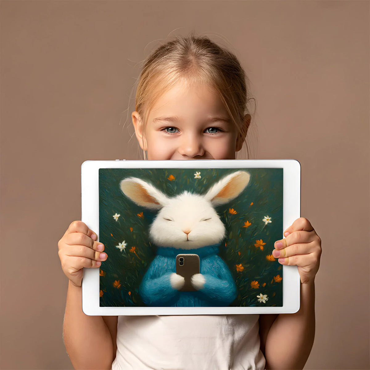 Cozy Rabbit with Smartphone Mural Wallpaper — Whimsical Art Mural Wallpaper - room preview 02