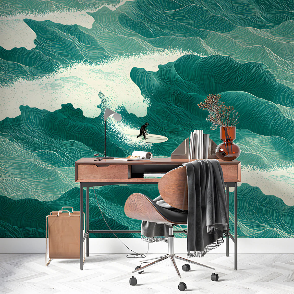 Surfer Riding Teal Ocean Waves Mural Wallpaper - room preview 02
