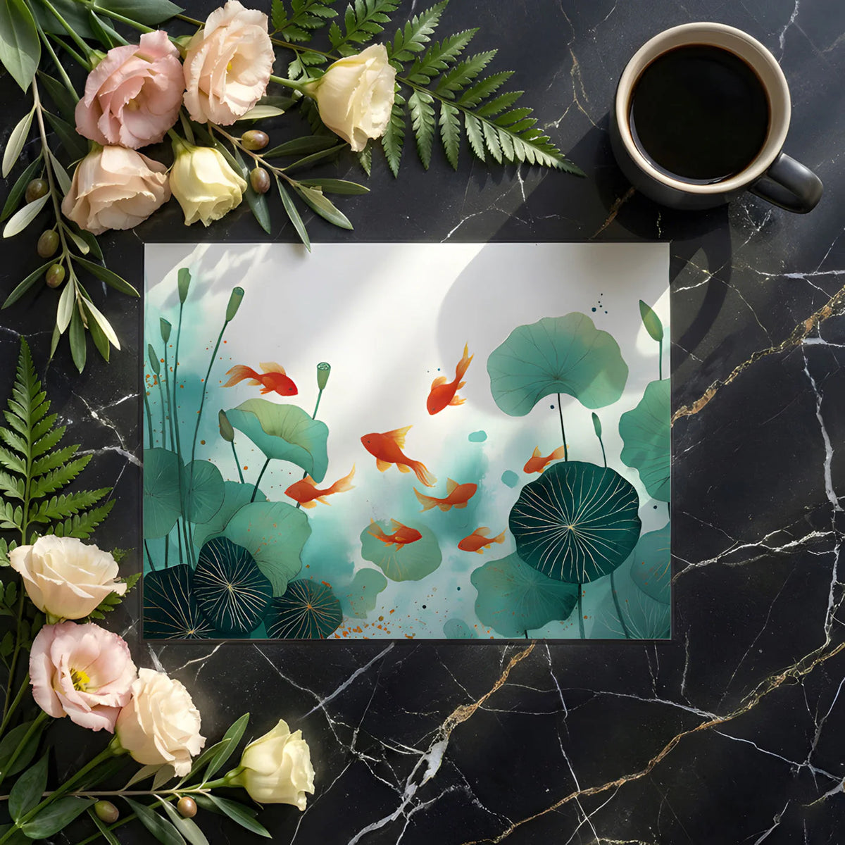 Koi Pond Botanical Mural Wallpaper — Watercolor Nature Design Mural Wallpaper - room preview 02