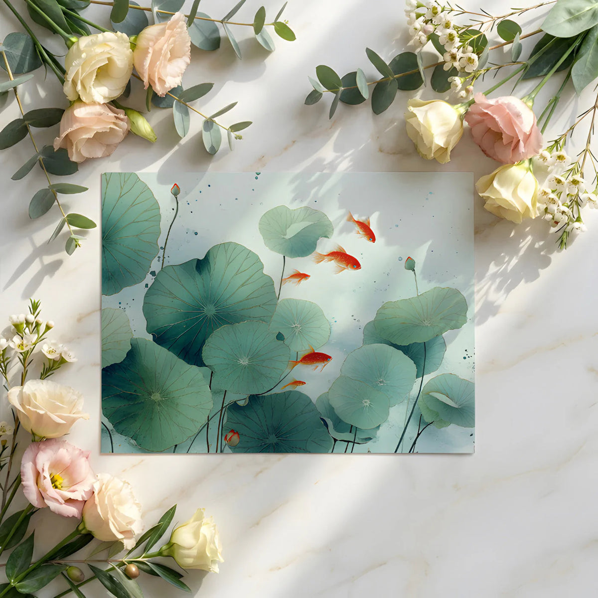 Koi Pond Lotus Mural Wallpaper in Soft Teal and Vibrant Orange Mural Wallpaper - room preview 02