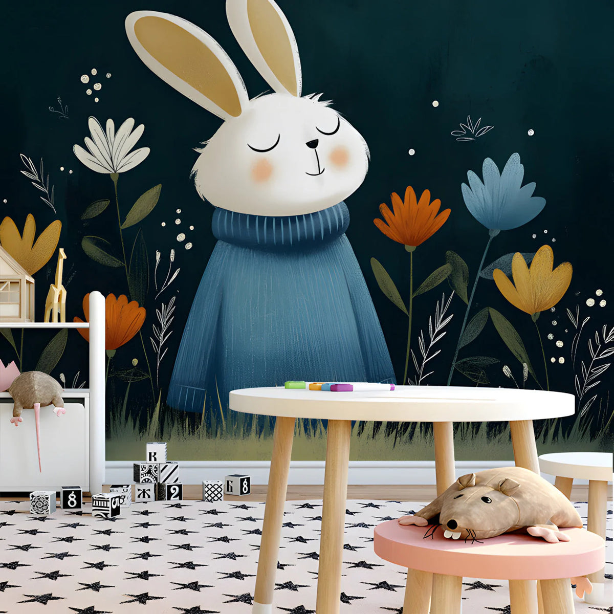 Cozy Rabbit in Sweater Mural Wallpaper — Whimsical Nature Scene Mural Wallpaper - room preview 02