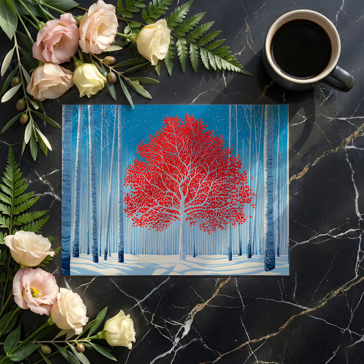 Vibrant Red Tree in Winter Forest Mural Wallpaper - room preview 02