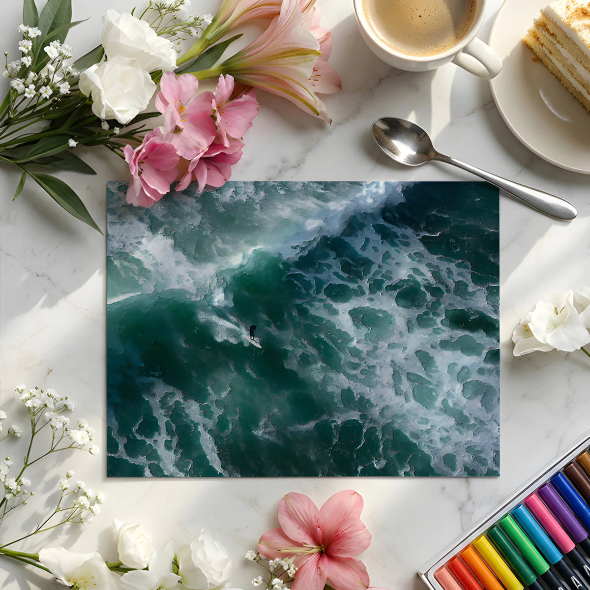 Aerial Surfer Wave Mural Wallpaper — Moody Coastal Ocean Art Mural Wallpaper - room preview 02