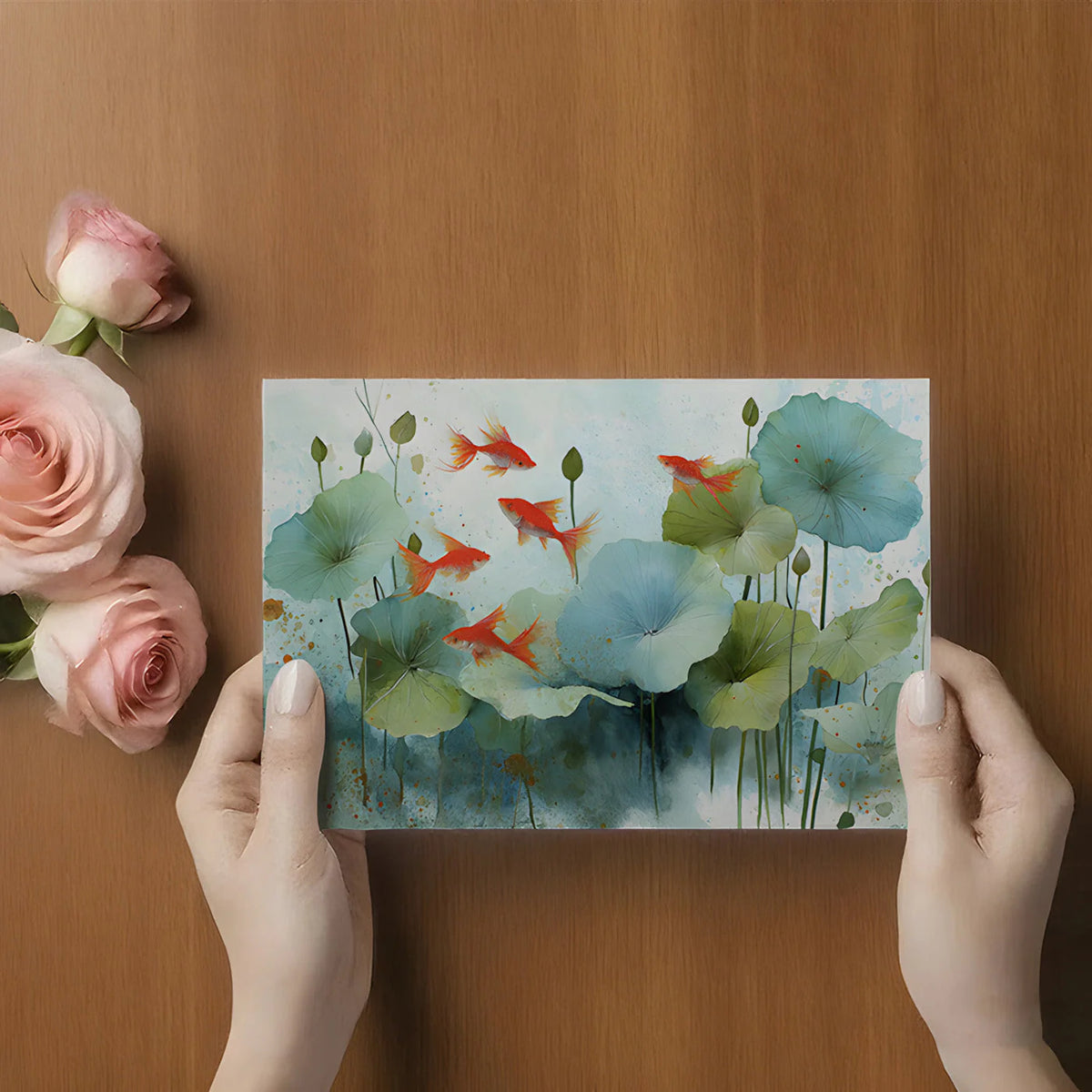 Koi Pond Watercolor Mural Wallpaper — Aquatic Botanical Design Mural Wallpaper - room preview 02