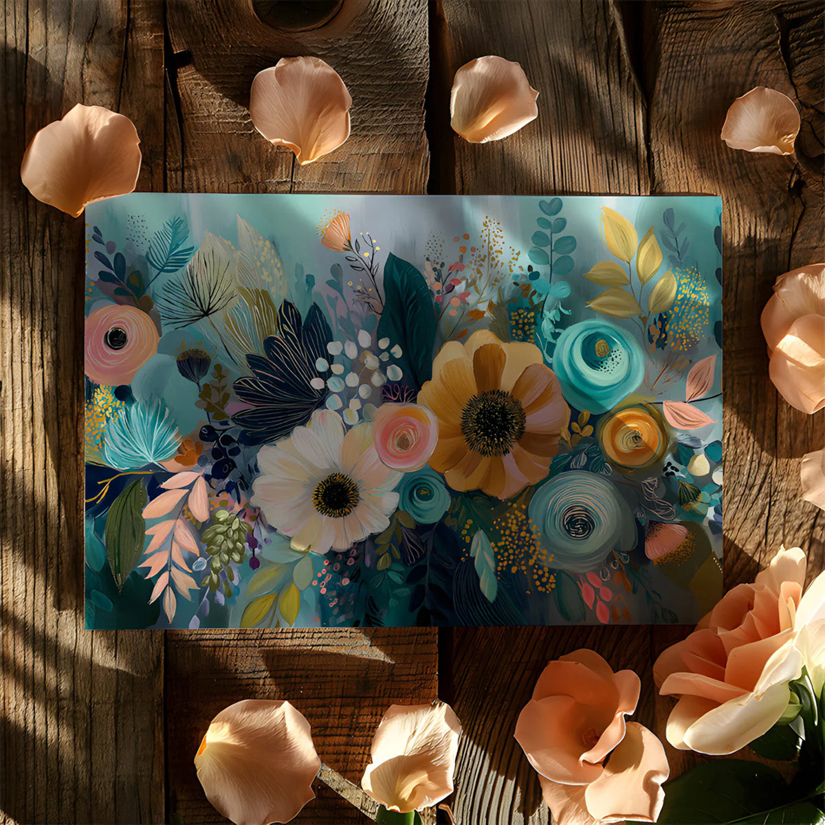 Abstract Floral Mural Wallpaper in Teal and Ochre Brushstrokes Mural Wallpaper - room preview 02