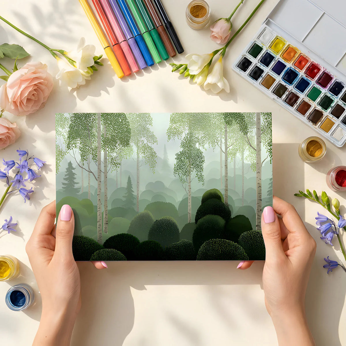 Mist-Covered Birch Forest Mural Wallpaper in Sage Green Mural Wallpaper - room preview 02