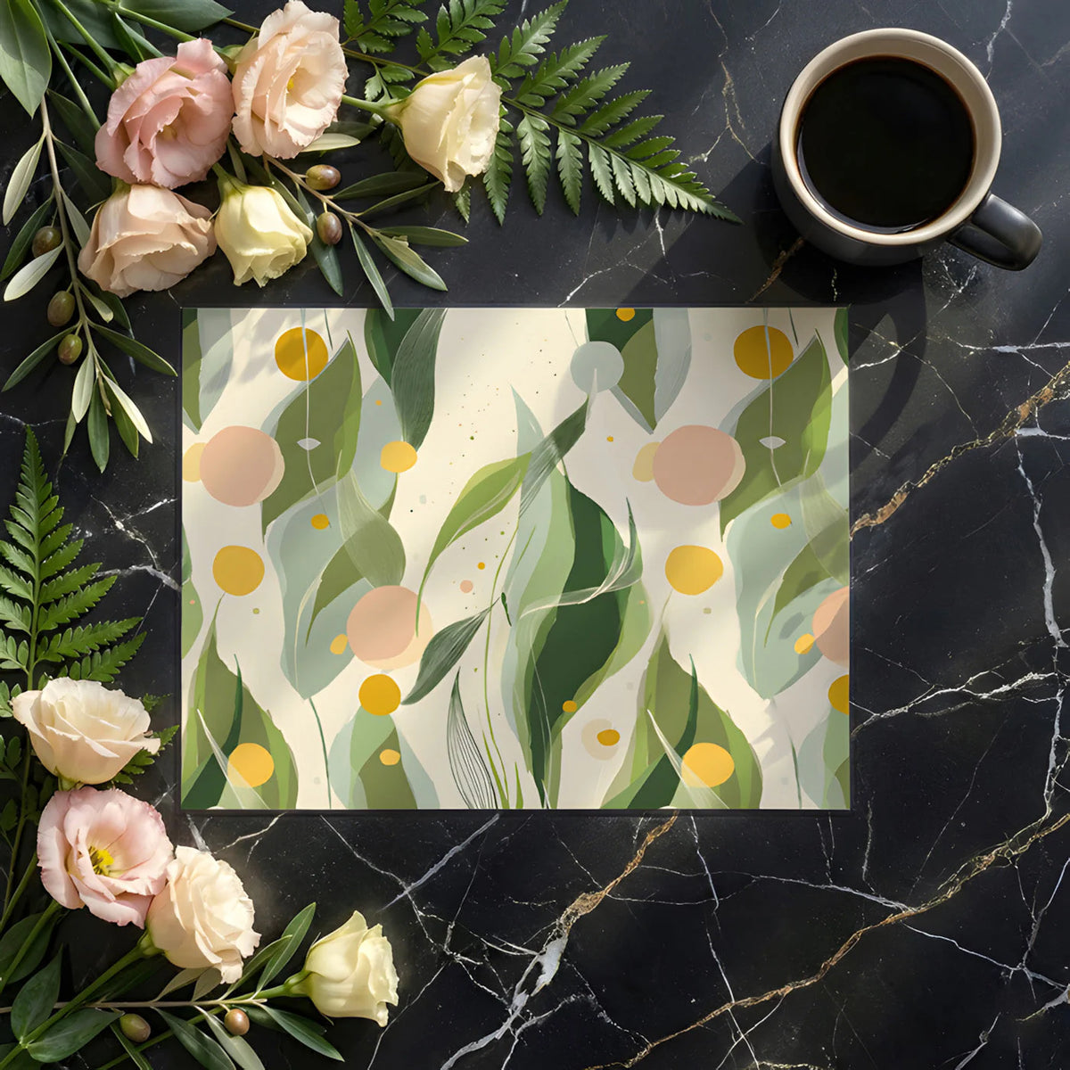 Abstract Botanical Mural Wallpaper in Sage and Ochre Yellow Mural Wallpaper - room preview 02