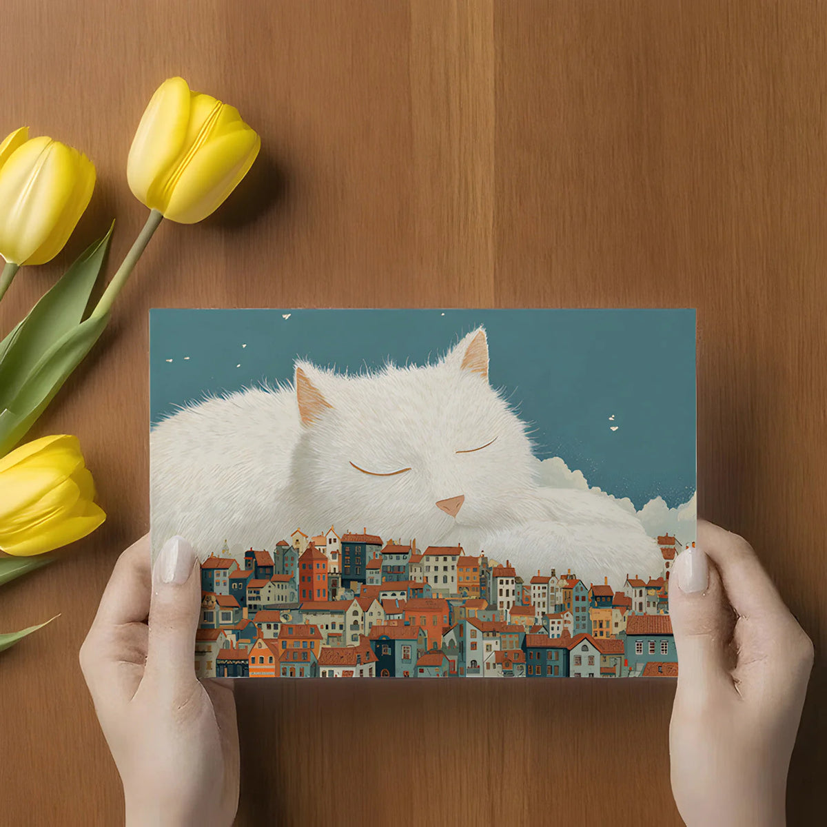 Giant Sleeping Cat over Town Mural Wallpaper — Whimsical Decor Mural Wallpaper - room preview 02