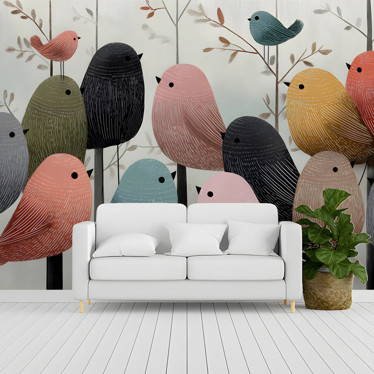 Whimsical Flock Mural Wallpaper with Textured Bird Illustrations Mural Wallpaper - room preview 02