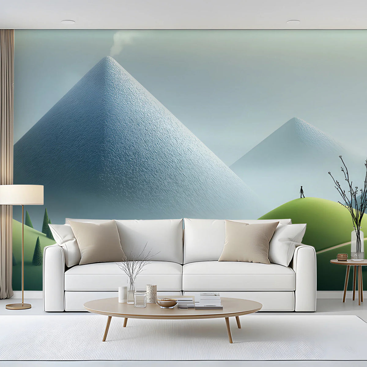 Mist-Covered Alpine Peak Mural Wallpaper in Soft Green and Grey Mural Wallpaper - room preview 02