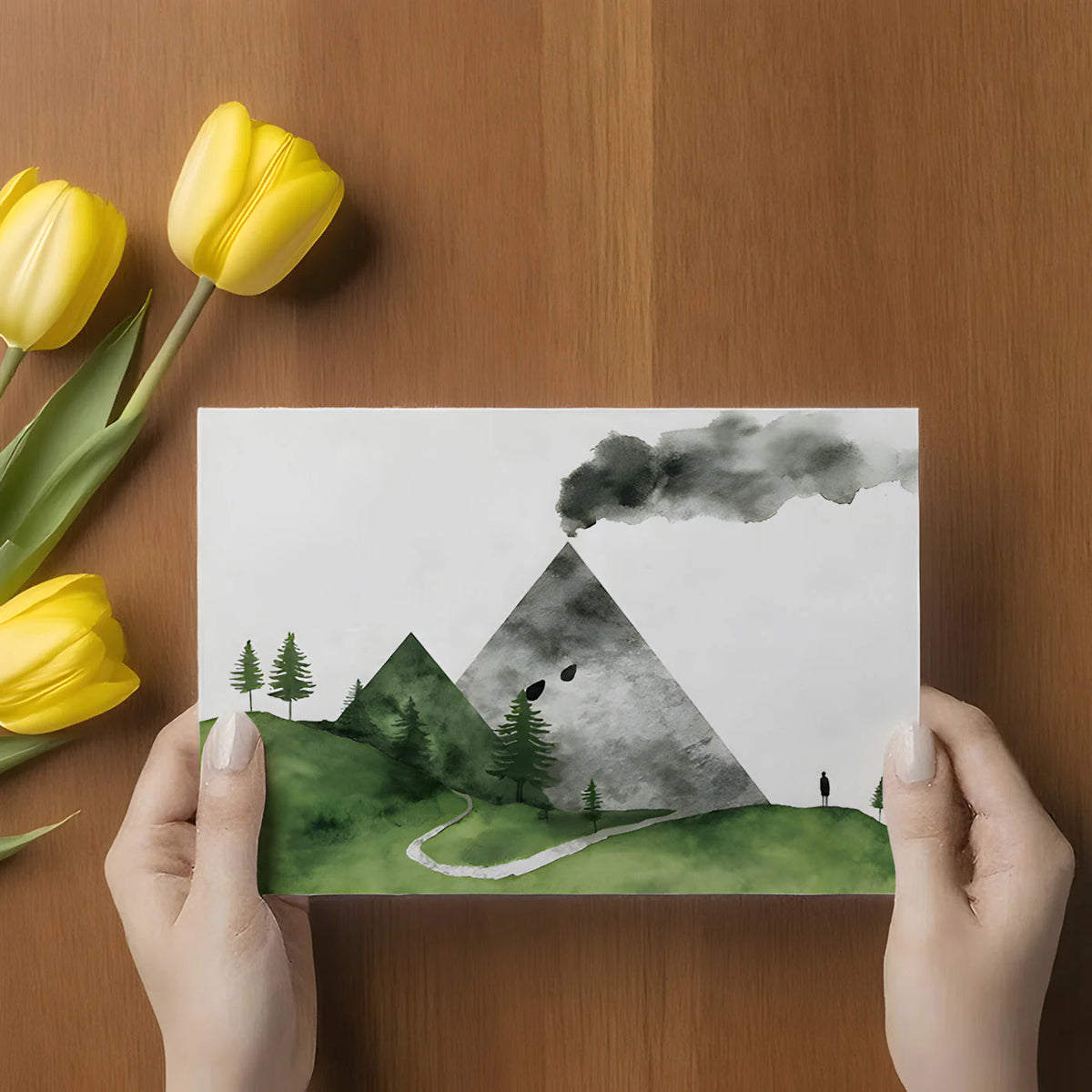 Minimalist Watercolor Mountain and Forest Mural Wallpaper - room preview 02