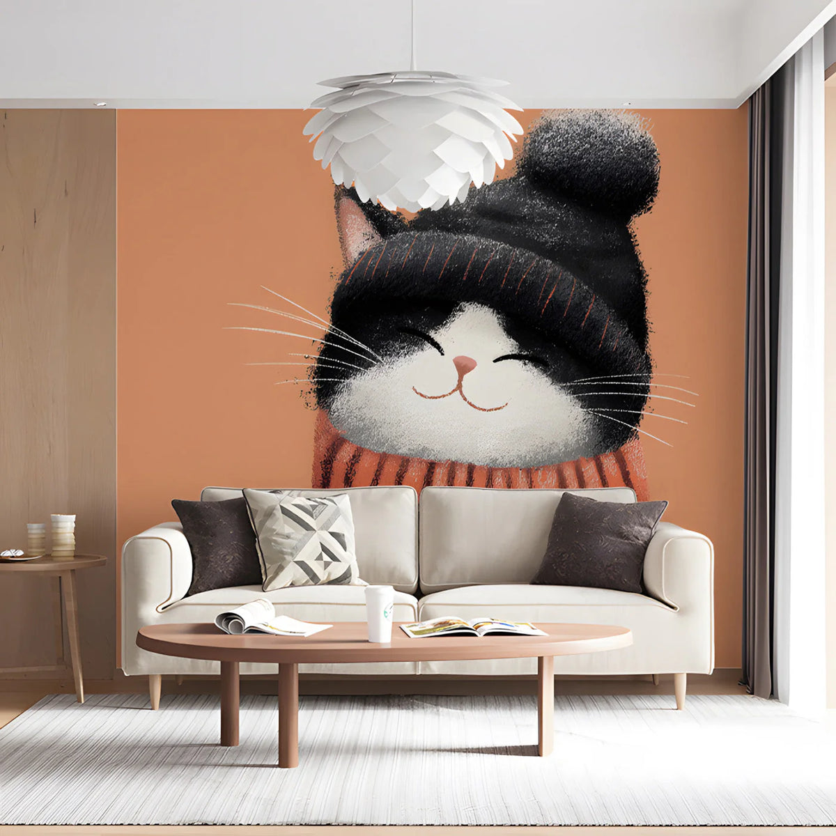 Cozy Winter Cat Mural Wallpaper — Whimsical Illustration Mural Wallpaper - room preview 02
