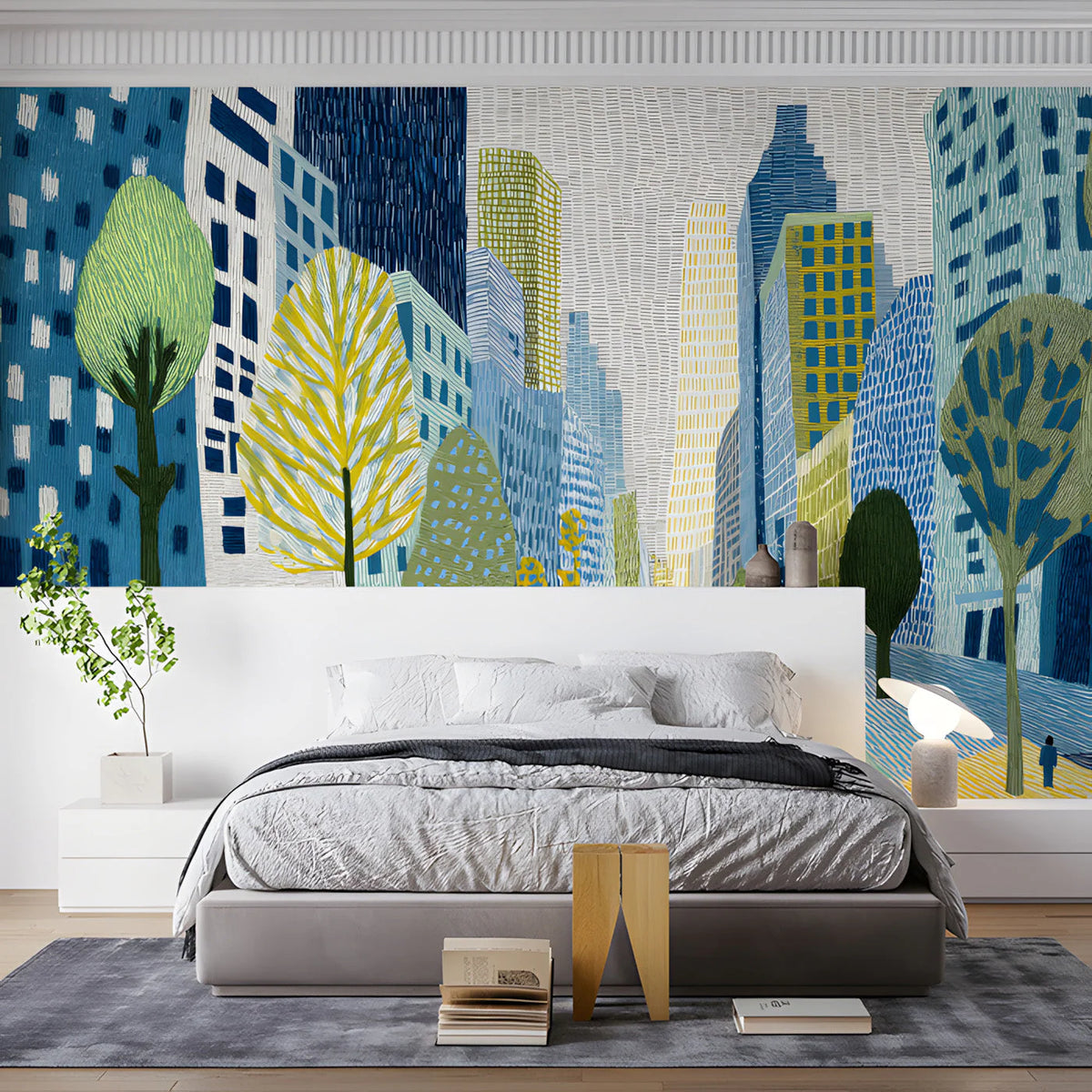 Urban Sketch Cityscape Mural Wallpaper with Colorful Trees Mural Wallpaper - room preview 02