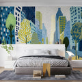 Urban Sketch Cityscape Mural Wallpaper with Colorful Trees Mural Wallpaper - room preview 02