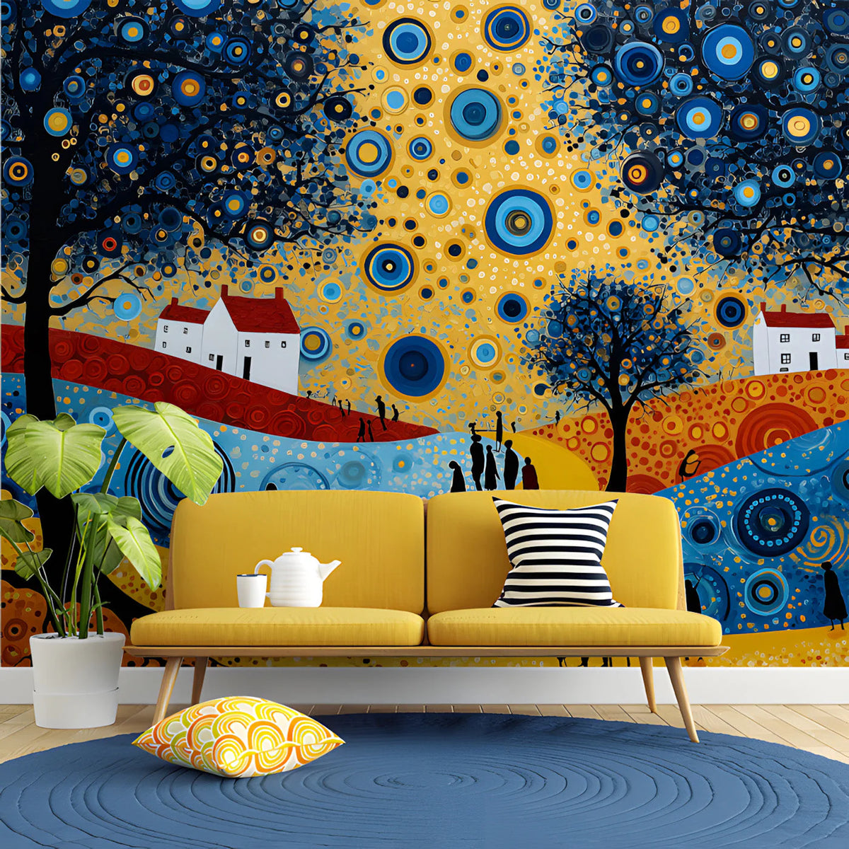 Starry Meadow Landscape Mural Wallpaper — Whimsical Artistic Scene Mural Wallpaper - room preview 02