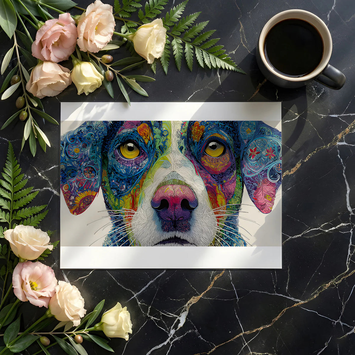 Psychedelic Dog Portrait Mural Wallpaper — Vibrant Animal Art Mural Wallpaper - room preview 02