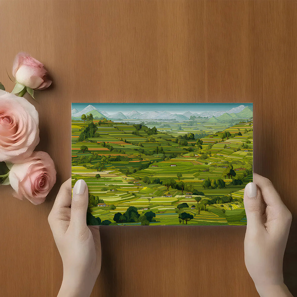 Terraced Mountain Valley Mural Wallpaper — Hand-Drawn Landscape Mural Wallpaper - room preview 02