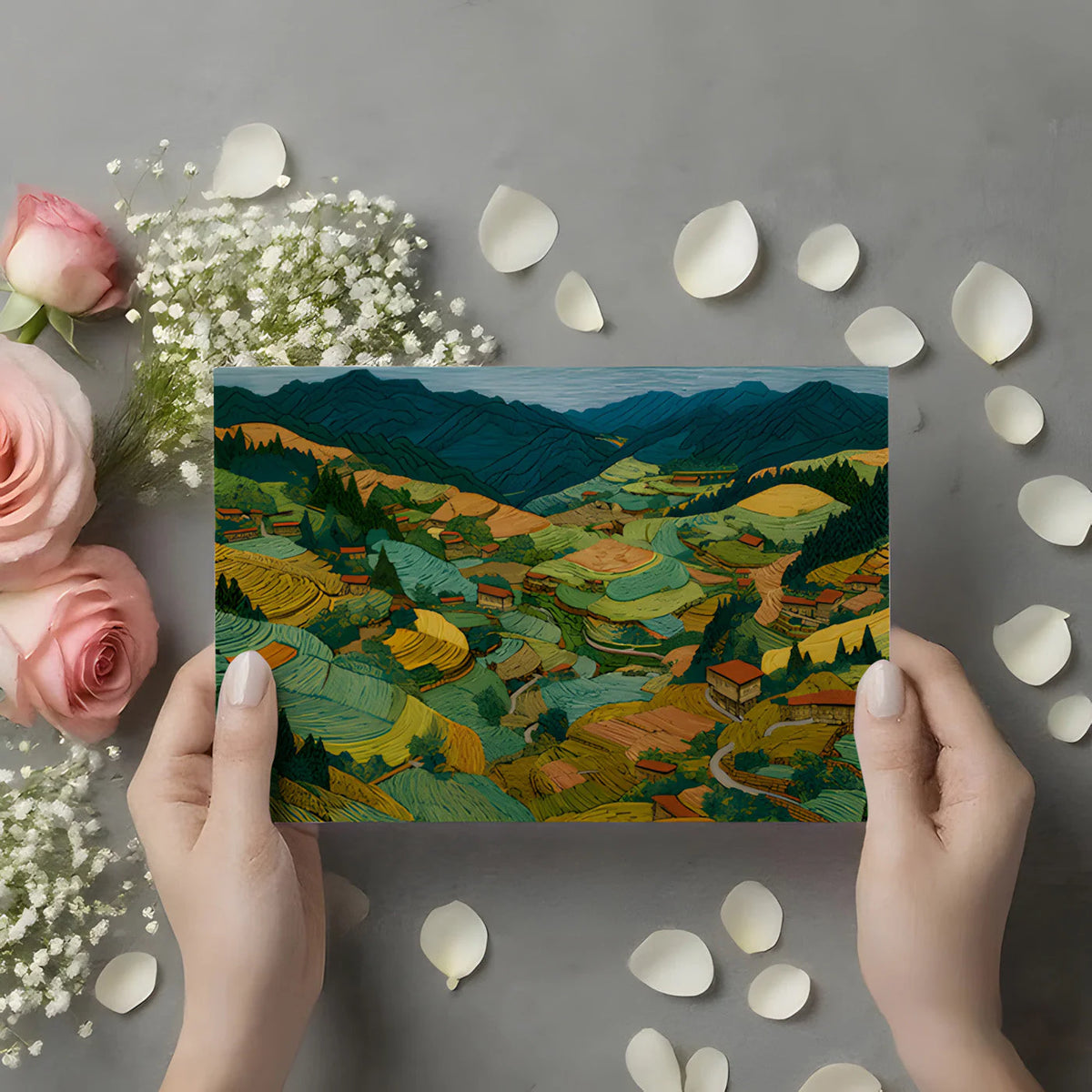 Terraced Mountain Landscape Mural Wallpaper in Earthy Tones Mural Wallpaper - room preview 02