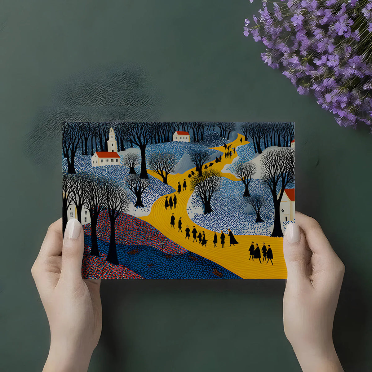 Winter Village Path Mural Wallpaper —Folk Art Landscape Mural Wallpaper - room preview 02