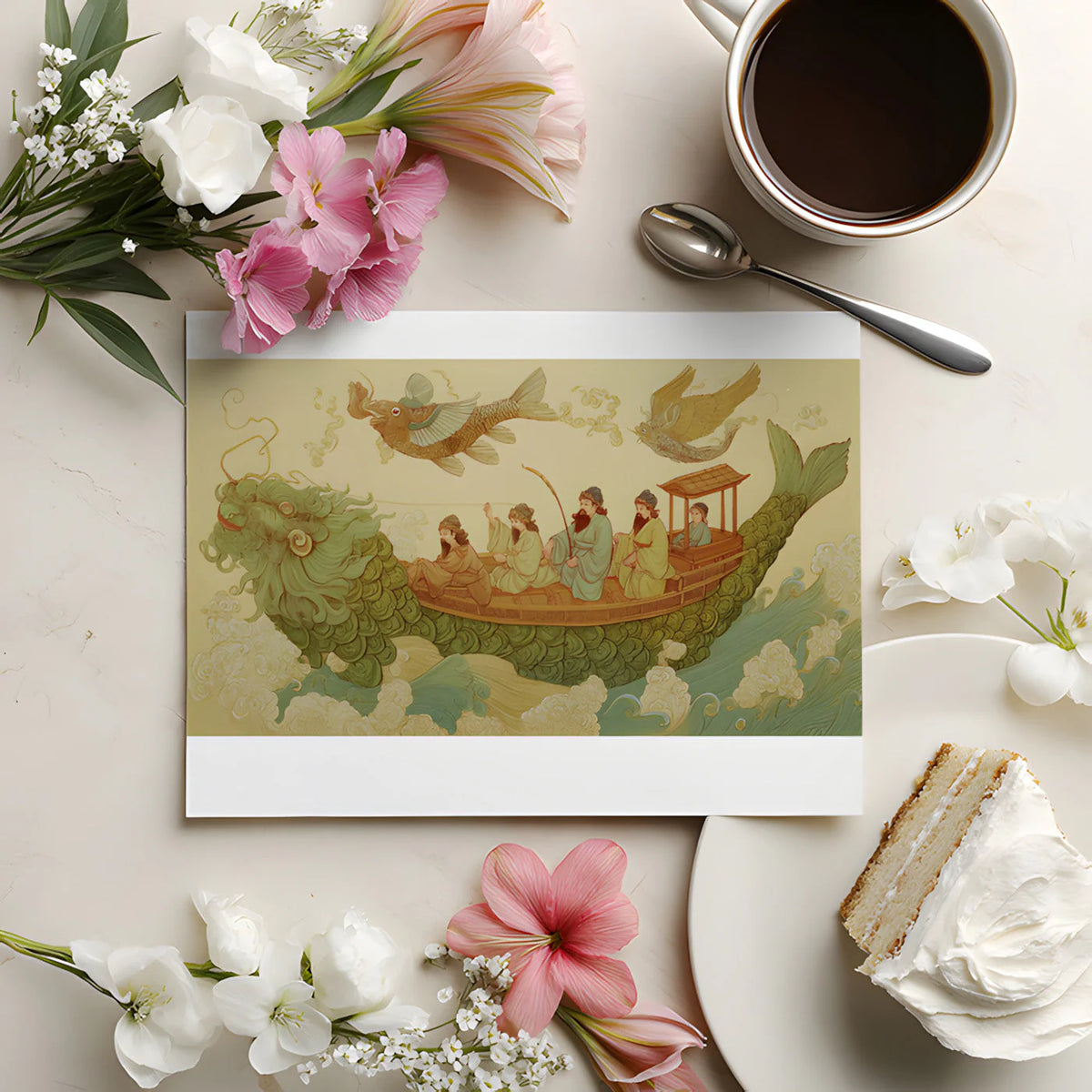 Mythical Fish Boat Mural Wallpaper — Traditional Eastern Art Mural Wallpaper - room preview 02