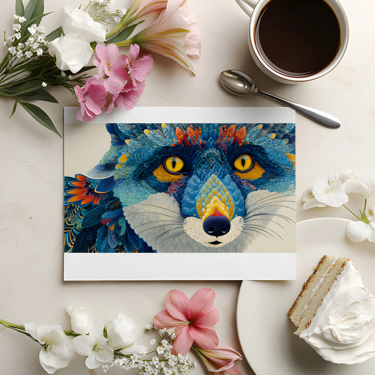 Vibrant Fox Portrait Mural Wallpaper with Intricate Feather Detail Mural Wallpaper - room preview 02
