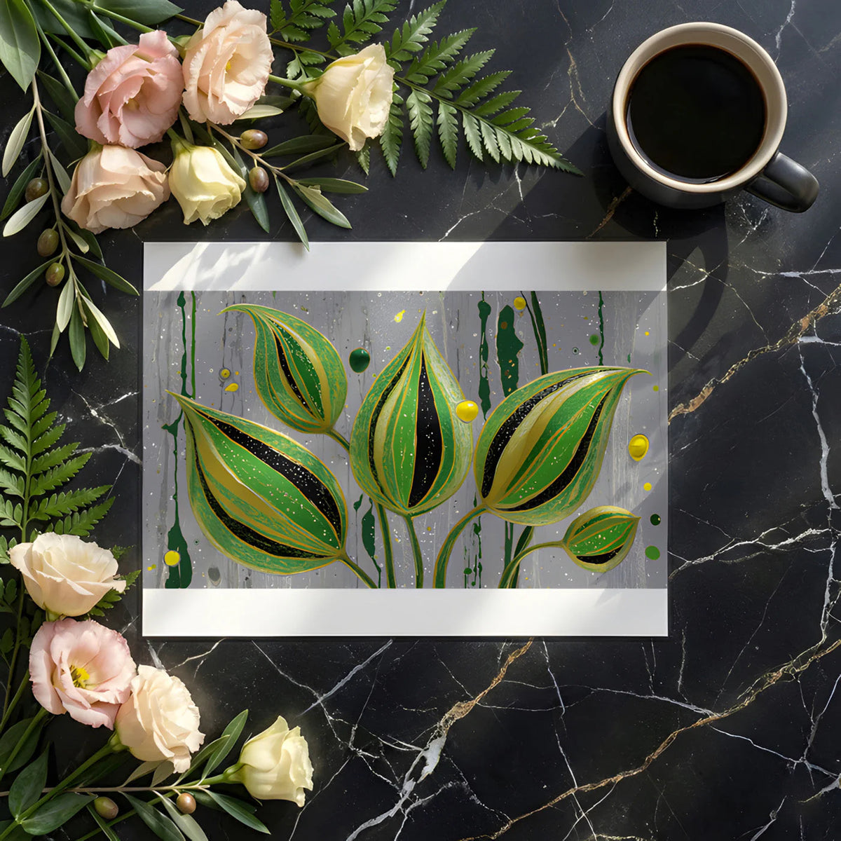 Abstract Botanical Mural Wallpaper in Emerald and Ochre Mural Wallpaper - room preview 02